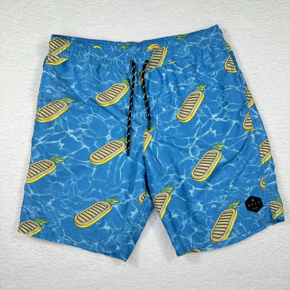 Neff Swim Trunks Mens Medium Blue Pineapple Pool Float Print Board Shorts